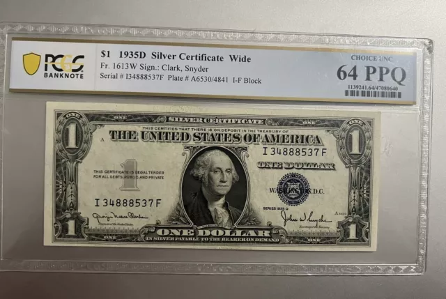 1935-D $1 Silver Certificate WIDE PCGS Very Choice New 64PPQ #I34888537F