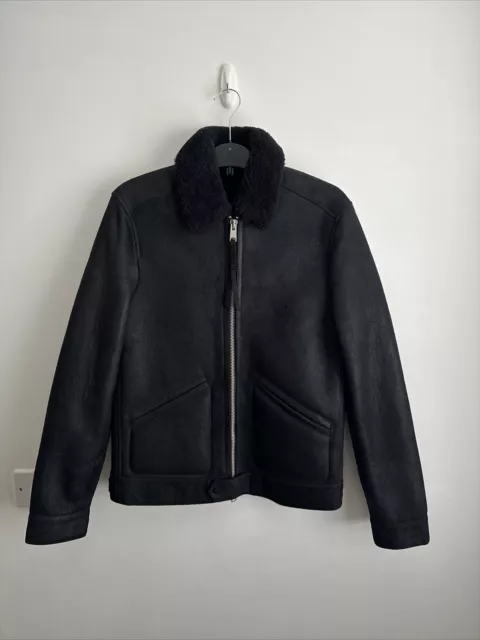 Men's All Saints Black Leather Shearling Pilot Jacket Size Medium M