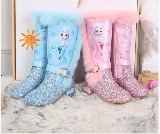 New Winter Frozen2 Kids Girls Elsa Princess Crystal Sequin High Boots& velvet