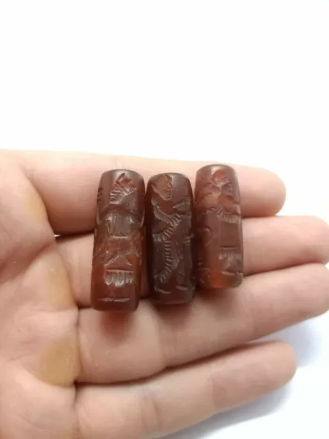 3 PCS Antique Agate Roman Medieval Intaglio Engraved Cylinder Historical Beads