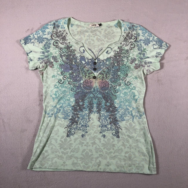Levis Shirt Womens Medium Green Bedazzled V Neck Short Sleeve Double Sided U28