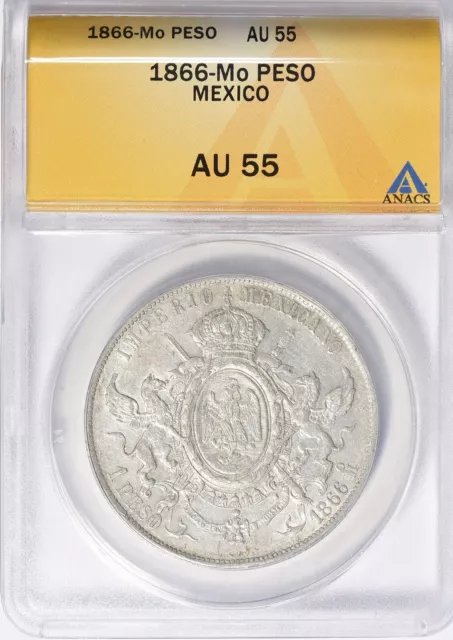 1866-Mo Mexico Maximiliano Silver Peso ANACS AU-55 Certified Coin. 1866-Mo Mexico Maximiliano Silver Peso ANACS AU-55 Certified Coin.