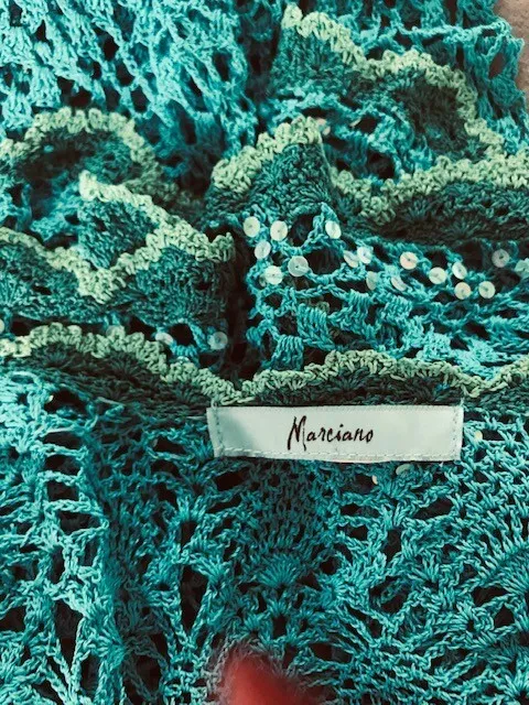 Marciano Sweater Crochet Open Weave Turquoise Teal Green Sequins Jewel Close L/S
