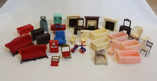 Lot 25+ Vintage Renwal Plastic Toy Dollhouse Furniture AS-IS | Sofa Dresser Tub