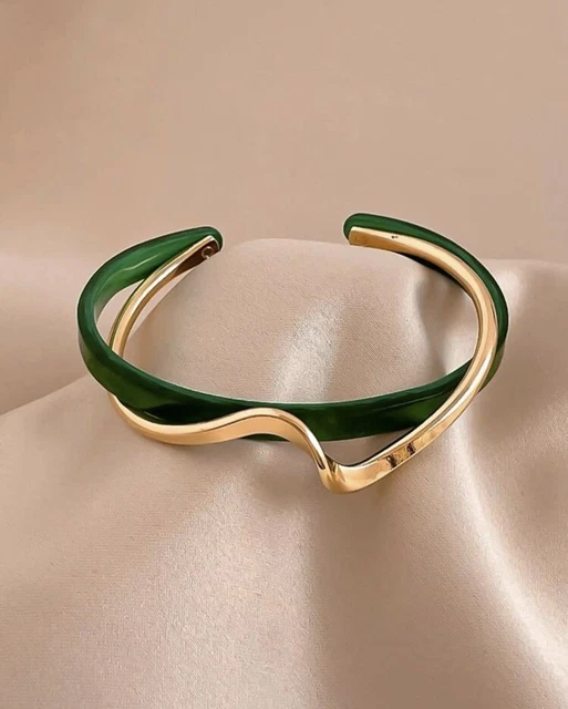 Bracelet Jonc Rigide Doré Vert Kaki Pour Femme - Sans Emballage - Neuf