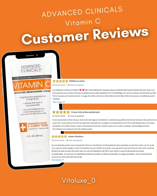 Crème Éclaircissante Advanced Clinicals Vitamine C - 454 G - Formule Avancée - Neuf Jusqu'en 2028