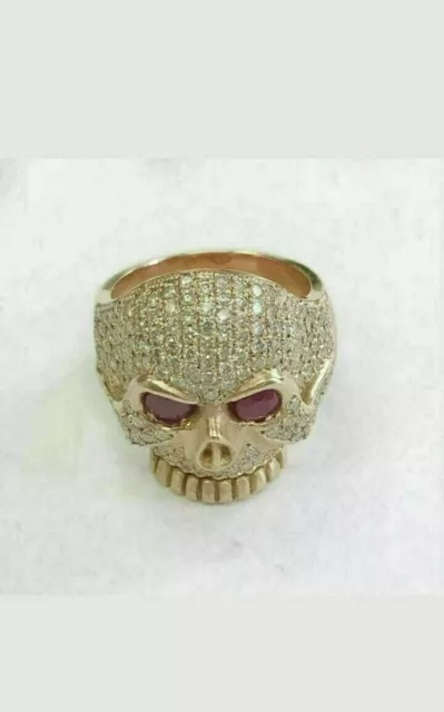 2.80Ct Faux Diamond & Ruby Men's Skull Ring 14K Yellow Gold Round Cut