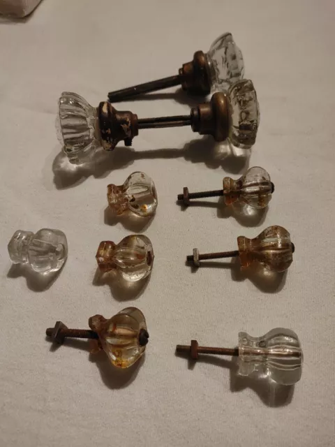 3 Antique Crystal Glass 12 point Door Knobs plus 7 small 6 point drawer pulls
