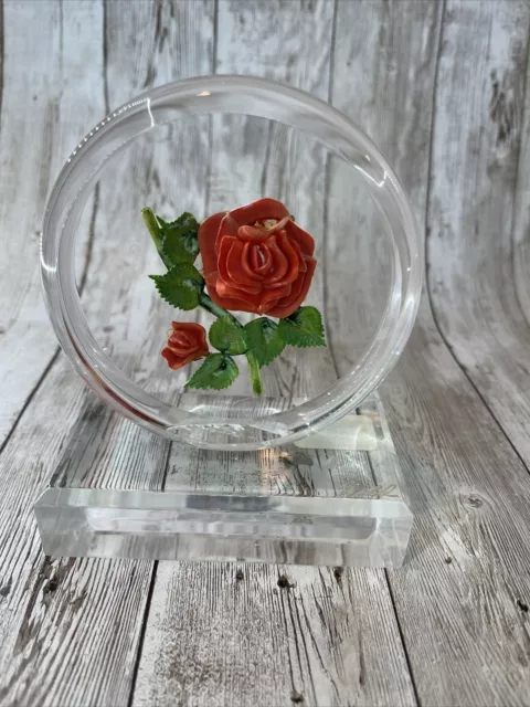 Vintage Rolf Wald Reverse Carved Acrylic Paperweight 3D Rose Lucite Flower