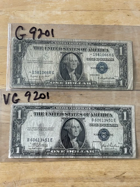 Two (2) 1935 Blue Seal $1 Dollar Silver Certificate, Old US One Dollar Bill