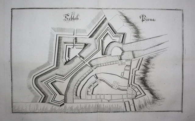 Pirna Castello Monti Metalliferi Sassonia Engraving Incisione Merian 1650