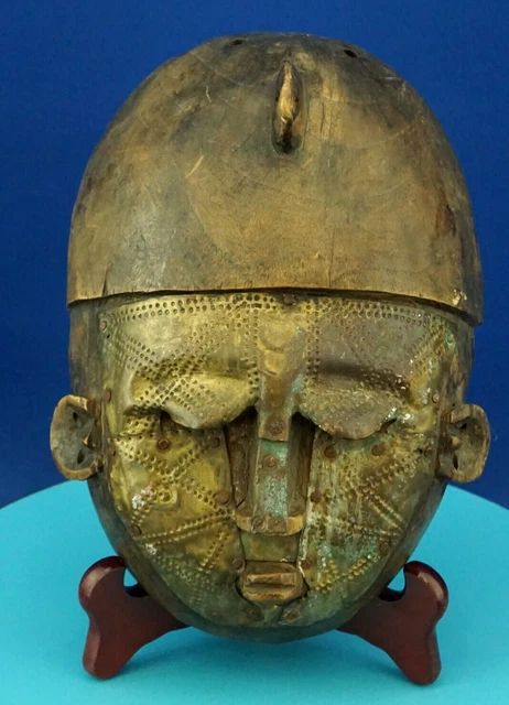 ETHNIC SCULPTURE Tribal MASK wood copper Warrior AFRICAN ART 1800s 19th