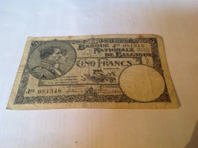 5 Belgium Francs banknote dated 07/08/1925