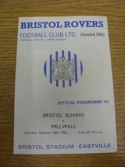 20/10/1962 Bristol Rovers v Millwall  (slight fold, team changes). Condition: Li