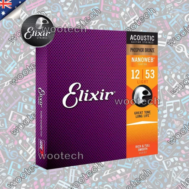 Elixir 16052 Acoustic Guitar Strings Nanoweb PHOSPHOR Bronze Light 12-53 Sydney