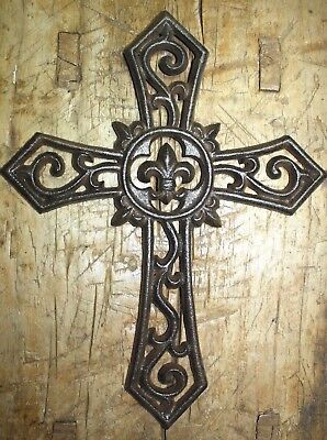 Cast Iron VICTORIAN STYLE Fleur De Lis Wall Cross Rustic Decorative Finish Decor