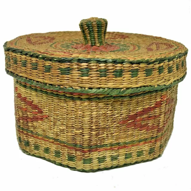 Vintage Chinese Handwoven Reed Basket Red Green Accents Sewing Trinket Storage