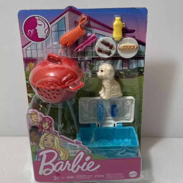 NEW 2020 Barbie Mattel BBQ Grill, Mitt, Cooler, Tongs Backyard Set NIB