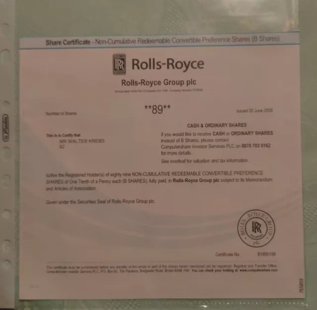 Aktie Rolls Royce  AG Historisches Wertpapier