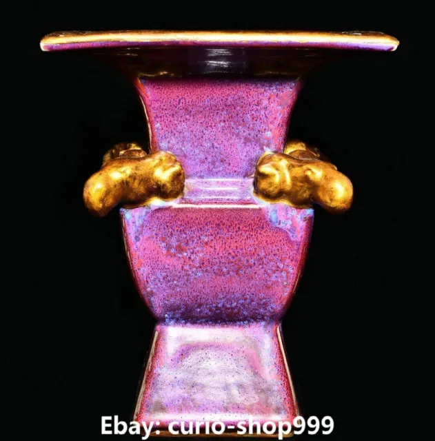 9.8" Old Song Dynasty Jun Kiln Porcelain Gilt Sheep Goat Head Flower Bottle Vase