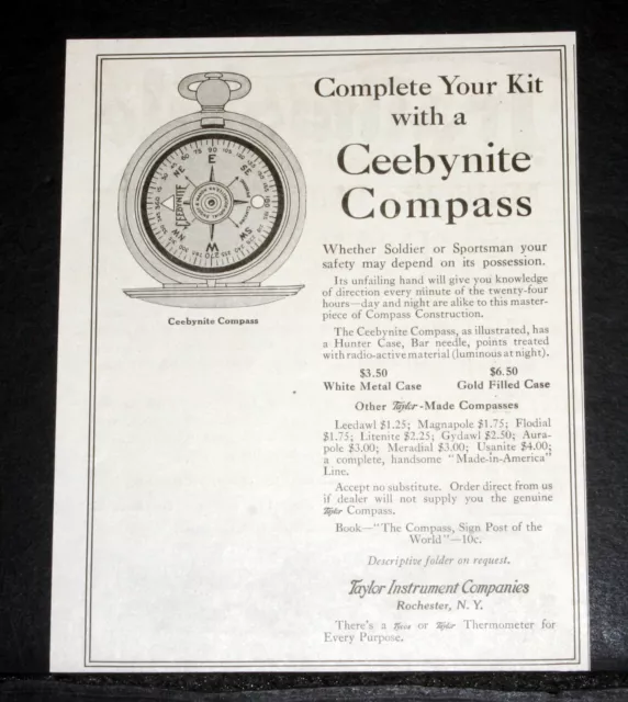1918 Old Wwi Magazine Print Ad, Taylor Ceebynite Compass, Soldiers & Sportsmen!