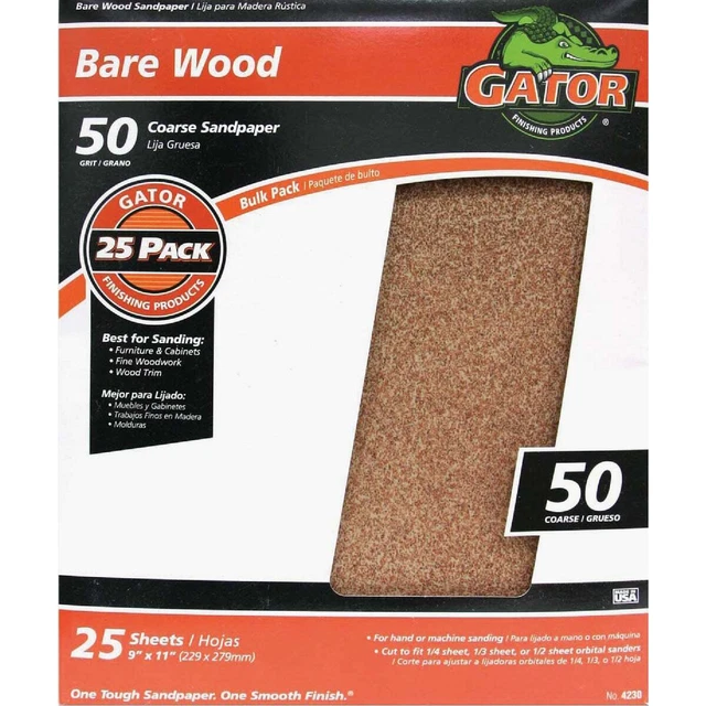 Gator Bare Wood 9 In. x 11 In. 50 Grit Coarse Sandpaper (25-Pack) 4230 Gator