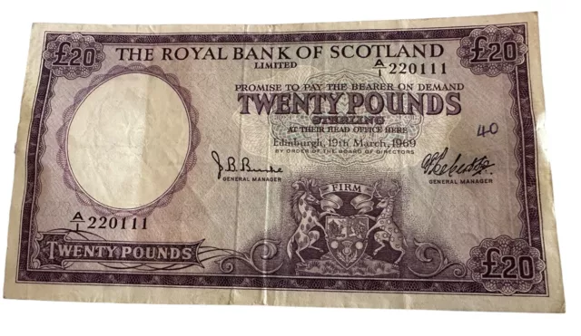 Royal Bank of Scotland £20 note 1969 A/1 220111 - good condition.