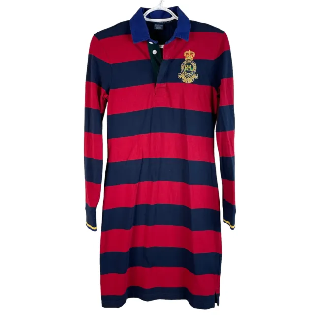 Ralph Lauren Sport Crest Rugby Shirt Dress Womens S Red Blue Striped Long Sleeve