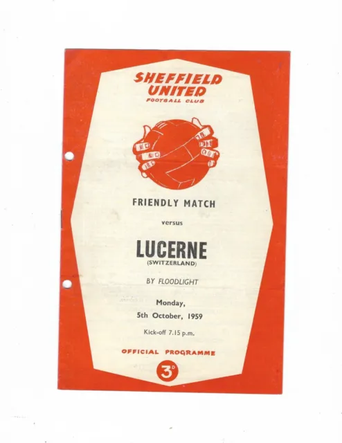Sheffield United v Lucerne (Switzerland) floodlit friendly 5-10-1959 programme