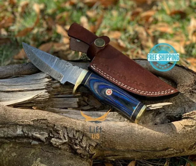 Custom HAND FORGED DAMASCUS STEEL HUNTING KNIFE Natural Wood Brass Handle