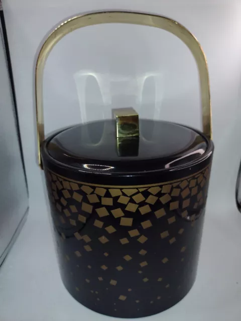 Vintage Barware Georges Briard Ice Bucket Vinyl BLACK & Gold Brass Handle 7"
