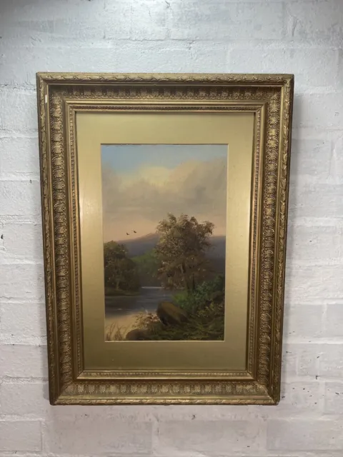 A Late 19th Century Ornate Gilt Framed Gouache Painting Of A Landscape