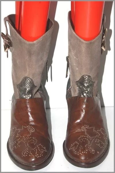 BOTTEGA LISA Boots Cuir Daim Marron Motifs Perles Reptile T 40 TBE