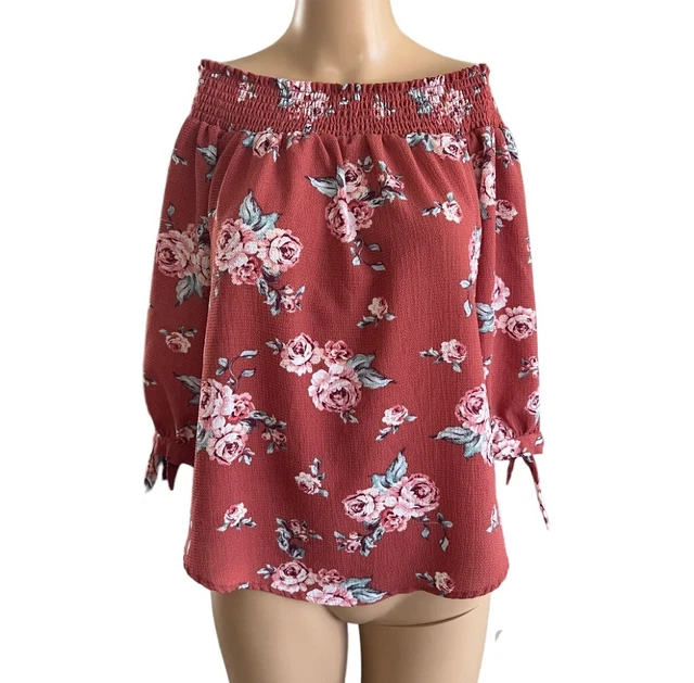 Rue 21 Top Black Floral Stripe Off Shoulder Tunic Half Sleeve Tie Juniors Size M