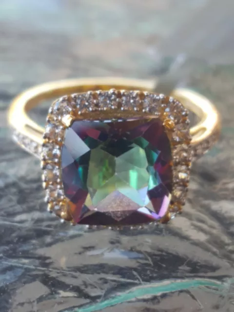 Mystic Topaz Cushion Cut, Wh Sapphires Created & Diam Ring 10kt SolidYellowGold