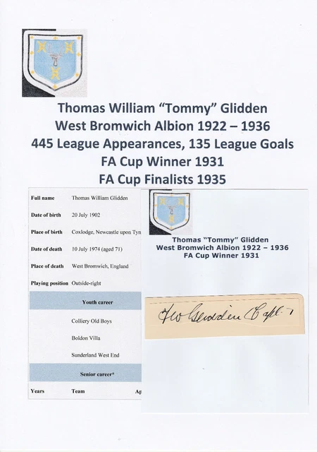 TOMMY GLIDDEN WEST Bromwich Albion 19221936 Very Rare Original Signed