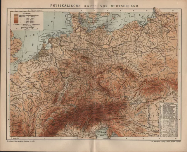 LANDKARTE MAP 1901: PHYSIKALISCHE KARTE VON DEUTSCHLAND. EUR 14,99