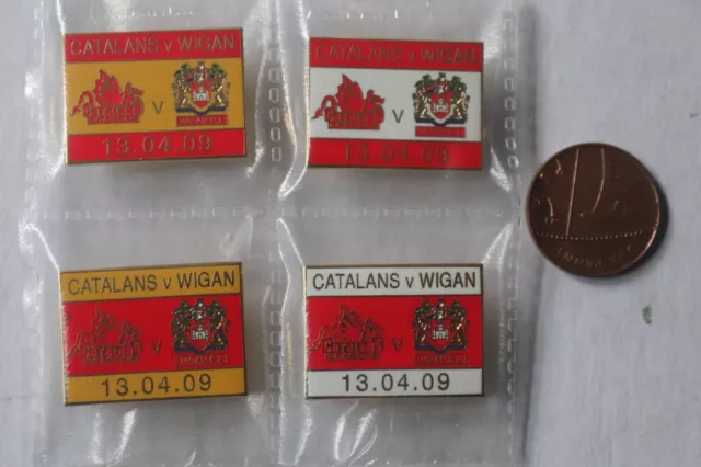 Four Catalans Dragons v Wigan Warriors Rugby League enamel pin badges 2009