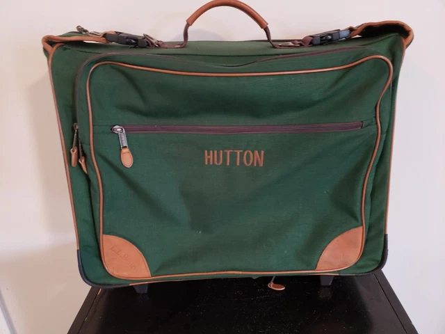 LL Bean Hutton Suitcase Luggage Green Canvas Leather Full Size Rolling Wheels