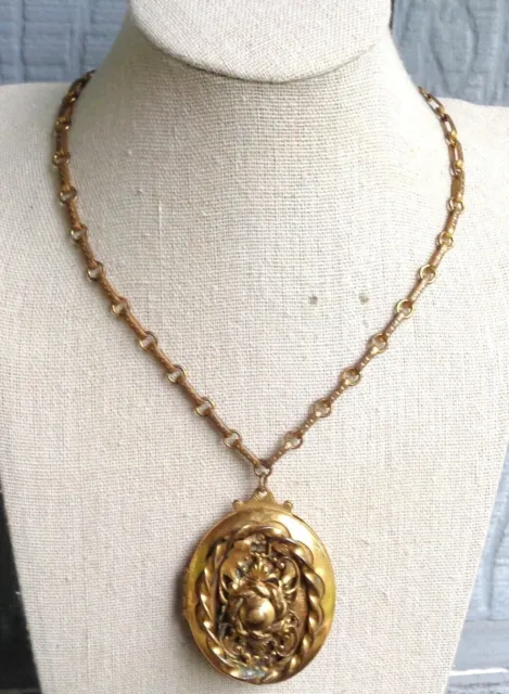 Antique Victorian Art Nouveau Brass Gold Tone Ornate Locket Necklace With Photos