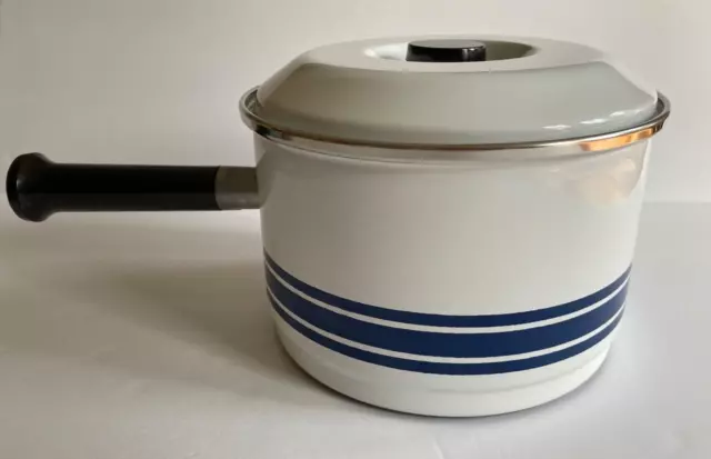 VTG CATHERINE HOLM MCM Enamelware 2 Saucepans 1 Teapot White Navy Blue Stripes 2