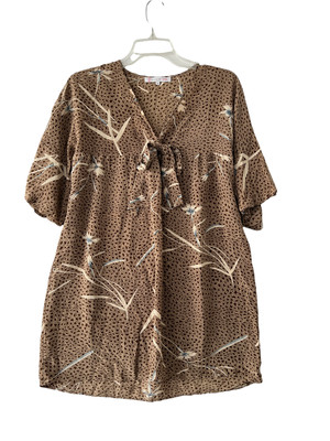 PAUL & JOE Sister Brown Floral Tie Front Silk Tunic Dress Women's Size 38 - Med