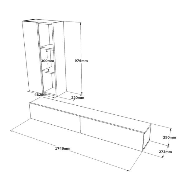 Mobile TV Sospeso Salotto Effetto Legno Rovere 175 Cm Con Libreria E Vani Luvio 2