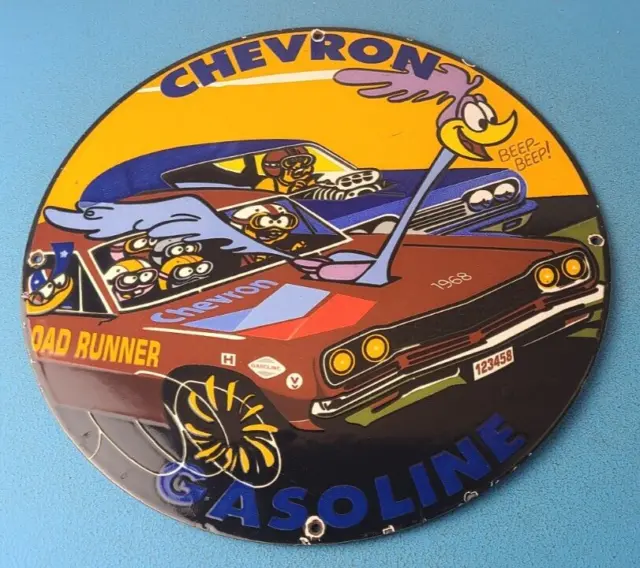 Vintage Chevron Gasoline Sign - Mopar Road Runner Racing Auto Gas Porcelain Sign