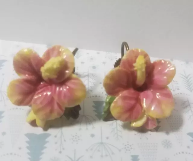 Vtg 1950'S Denton England Bone China  Pink Yellow Hibiscus Screw Back Earrings