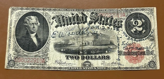 1917 $2 United States Note Large Sized Bill Currency Paper Money Short Snorter