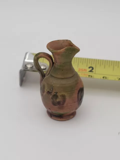 Vintage, Handmade, Miniature Pitcher, Porcelain, 2" Tall, Brown And Green