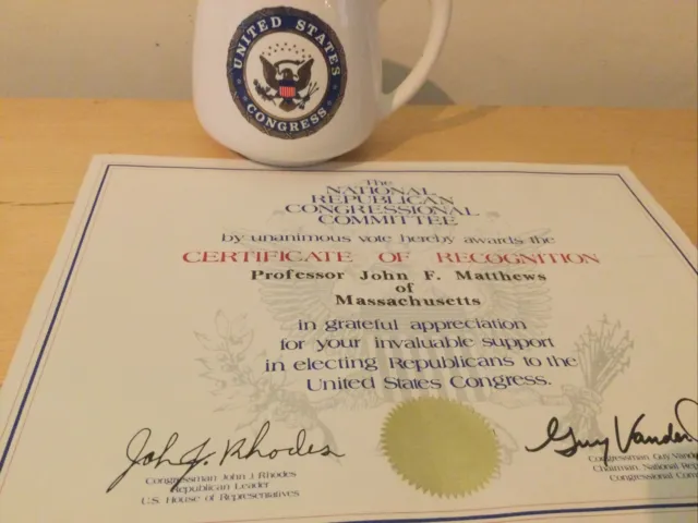 Rare Vintage United States Congress Coffee Mug & Certificate circa 70’s Retro