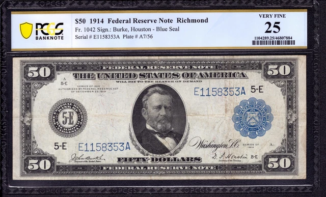 1914 $50 Federal Reserve Note Richmond Fr.1042 Burke Houston Pcgs B Vf 25 1914 $50 Federal Reserve Note Richmond Fr.1042 Burke Houston Pcgs B Vf 25