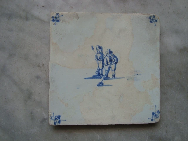 17th century delft handpainted dutch  tile,around 1680 , golf, sport  kolf